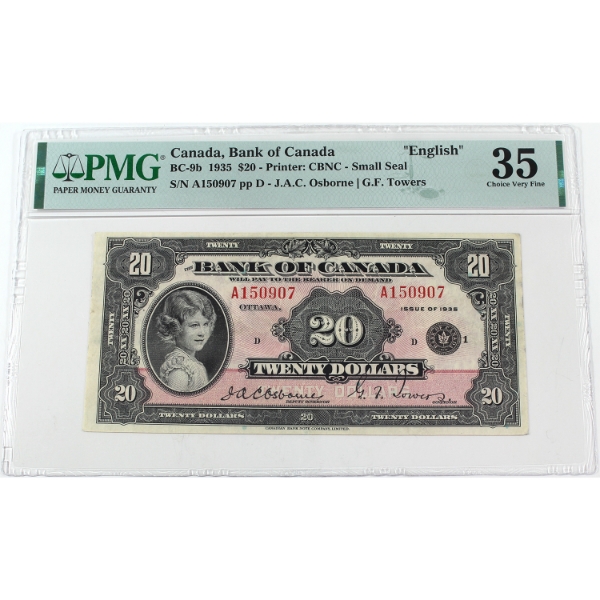 BC-9b 1935 $20 English PMG Choice VF35 Osborne-Towers Small Seal SN: A150907 ppD