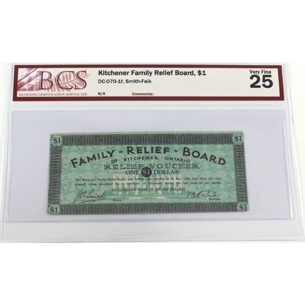 DC-070-1f $1 Kitchener Family Relief Board BCS VF25 Smith-Fiek