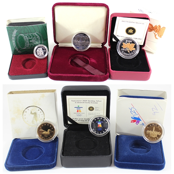 Group Lot of 1982-2012 Mixed Denomination Assorted RCM Coins in Cases. 6pcs