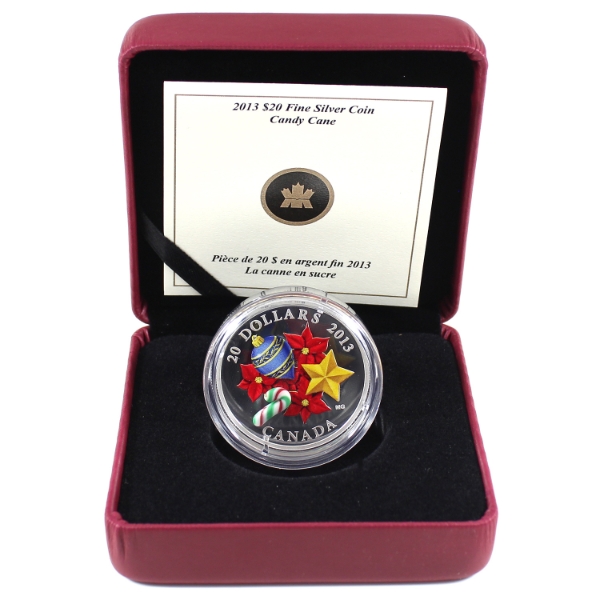 2013 $20 Candy Cane Fine Silver Coin w/ Selective Colour & Venetian Glass