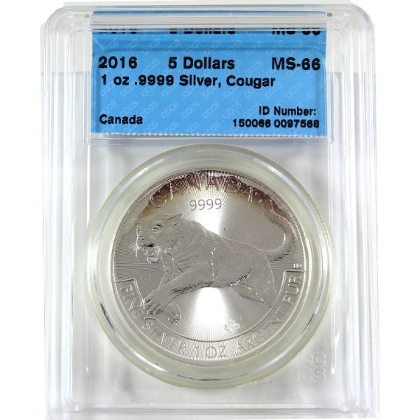 2016 $5 Cougar 1oz .9999 Fine Silver Coin CCCS MS66 (Tax Exempt)