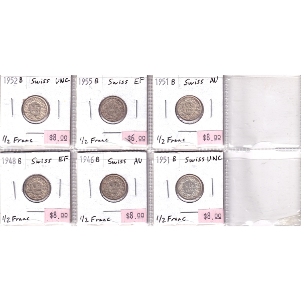 Bulk Collection of Switzerland 1946B-1955B Half Francs EF to UNC in 8-Pocket Sheet. 6pcs.
