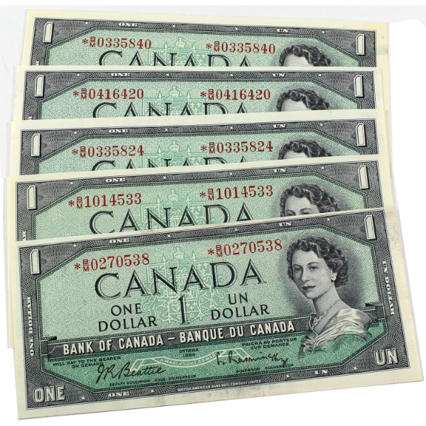 5x BC-37bA-i 1954 $1 Modified Portrait Non-Consecutive Beattie-Rasminsky Replacement Notes. 5pcs.