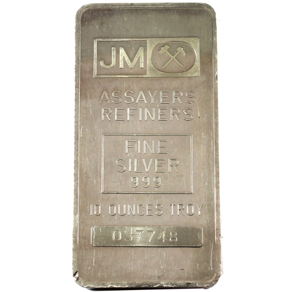 10oz JM Johnson Matthey .999 Fine Silver Bar w/ Blank Back (Tax Exempt)