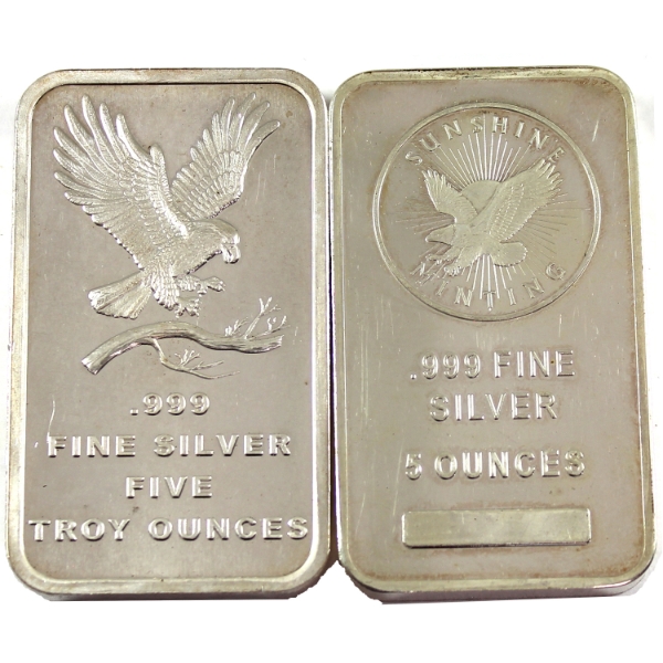 2x 5oz Sunshine Mint & SilverTowne .999 Fine Silver Bars. 2pcs (Tax Exempt)