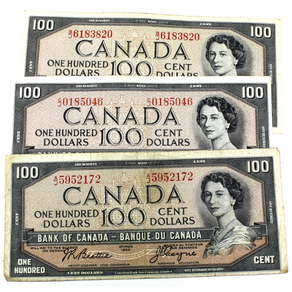 Group Lot of 3x 1954 $100 Bank of Canada Notes. 3pcs