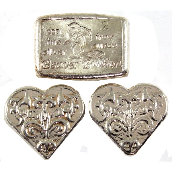 4oz Lot Total! 2oz Beaver Bullion Bar & 2x 1oz Heart .999 Fine Silver. 3pcs. (Tax Exempt)