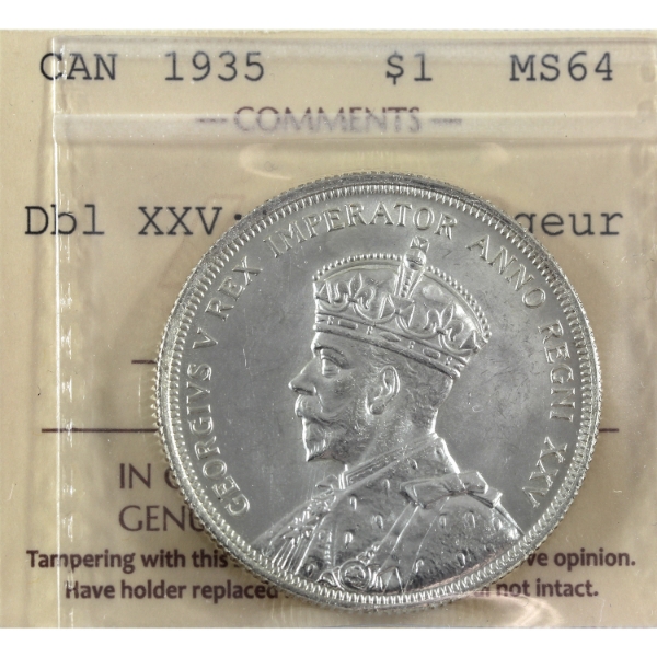 Silver $1 1935 Dbl XXV, Dbl Voyageur ICCS MS64