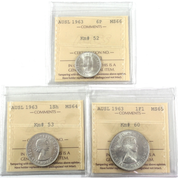 Group Lot of Australia 1963 Mixed Denomination ICCS MS64 to MS66. 3pcs.