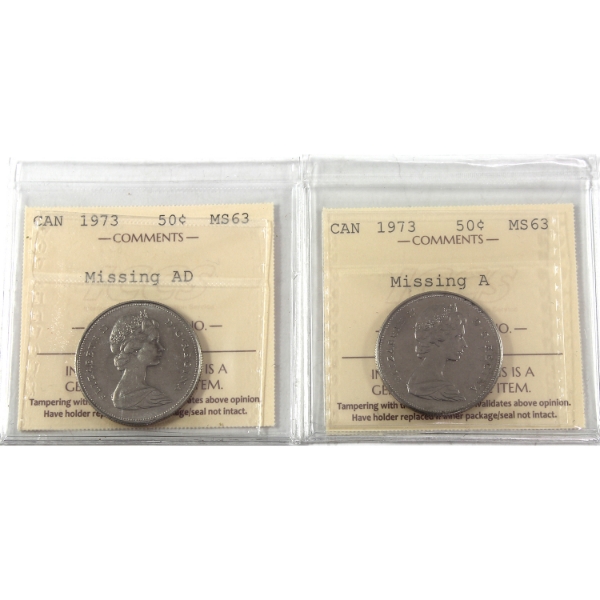 50-cent 1973 Missing A & 1973 Missing AD ICCS MS63. 2pcs.