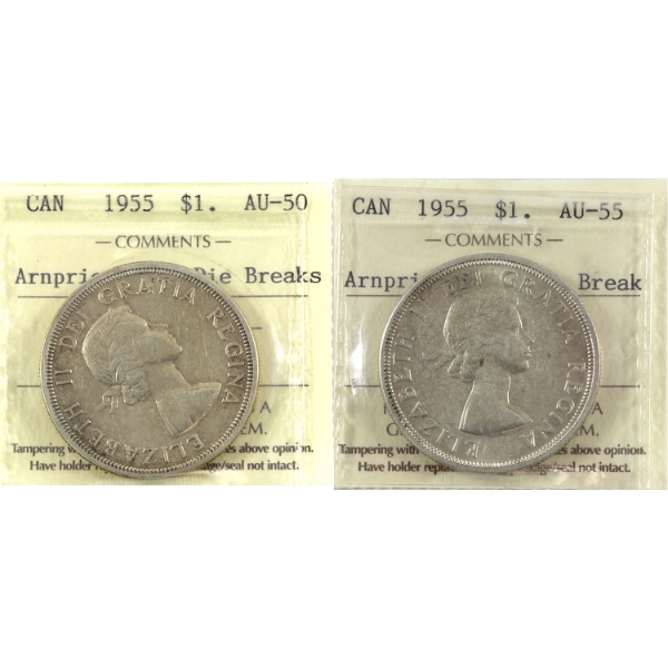 Silver $1 1955 Arnprior w/ DB ICCS AU50 & AU55. 2pcs
