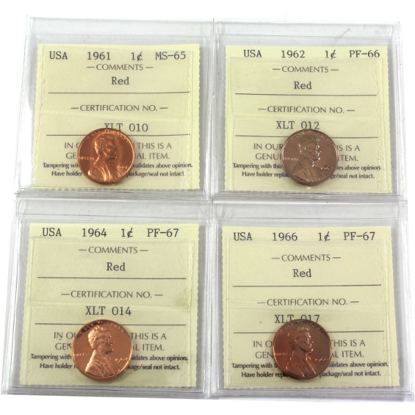 USA 1961-1966 1-cent ICCS MS65 to PF67 Red. 4pcs.
