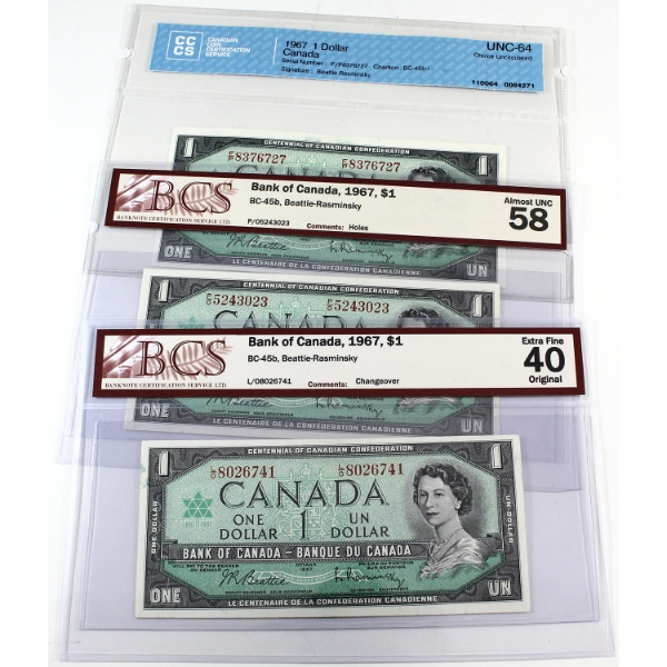 BC-45b & BC-45b-i 1967 $1 BCS/CCCS EF40 to CUNC64 Beattie-Rasminsky. 3pcs.