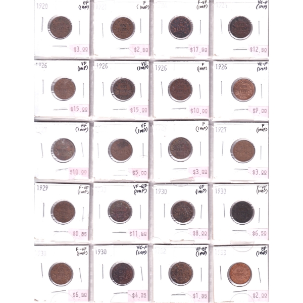 Bulk Collection of 1-cent 1920-1933 VG-F to EF in 20-Pocket Sheet. 20pcs. (Impaired)