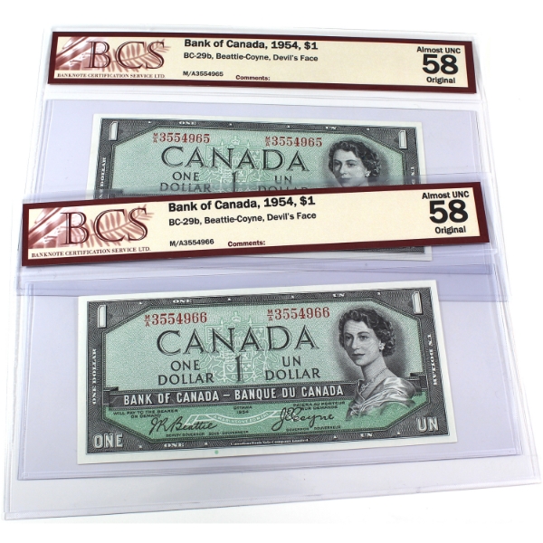 BC-29b 1954 $1 Devil's Face *Consecutive* BCS AU58 Original Beattie-Coyne SN: M/A3554965/"66. 2pcs.
