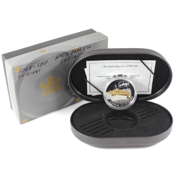 2003 $20 Transportation - The HMS Bras D'or (FHE-400) Sterling Silver Coin w/ Selective Gold Plating