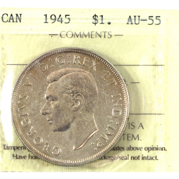 Silver $1 1945 ICCS AU55