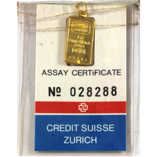 1g Gold Credit Suisse Zurich 1981 Vintage .9999 Fine Gold Bar in Original Card SN: 28288 