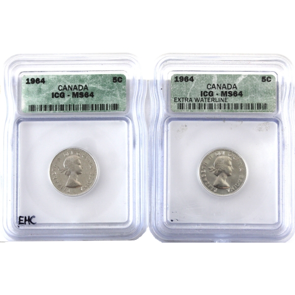 5-cent 1964 EWL & Standard ICG MS64. 2pcs. 