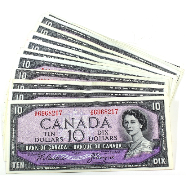 Bulk Lot of 1954 $10 Banknotes. 18pcs.