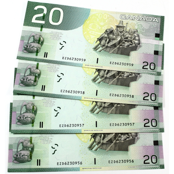BC-64a-i 2006 $20 Consecutive UNC or Better Jenkins-Dodge Banknotes. SN: EZD6230956-"59. 4pcs.