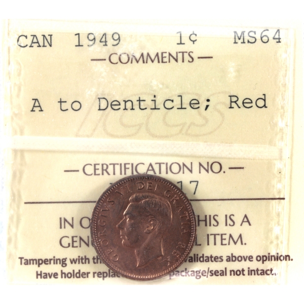 1-cent 1949 A to Denticle ICCS MS64 Red
