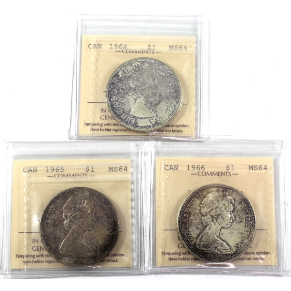 Silver $1 1964, 1965 SB P5, 1966 LB ICCS MS64. 3pcs.