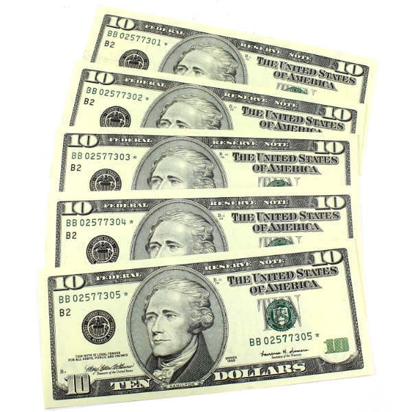 Group Lot of 5x USA 1999 $10 Consecutive Star Notes CUNC SN: BB 02577301* to "305*. 5pcs