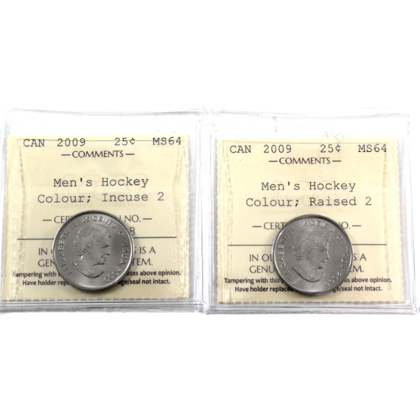 25-cent 2009 Mens Hockey Coloured Incuse & Raised 2 ICCS MS64. 2pcs