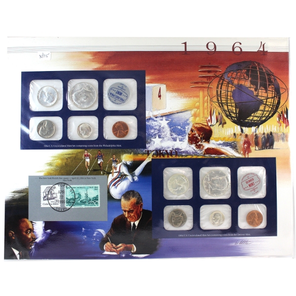 USA 1964 P & D Mint Sets with Stamps on Display Board. 