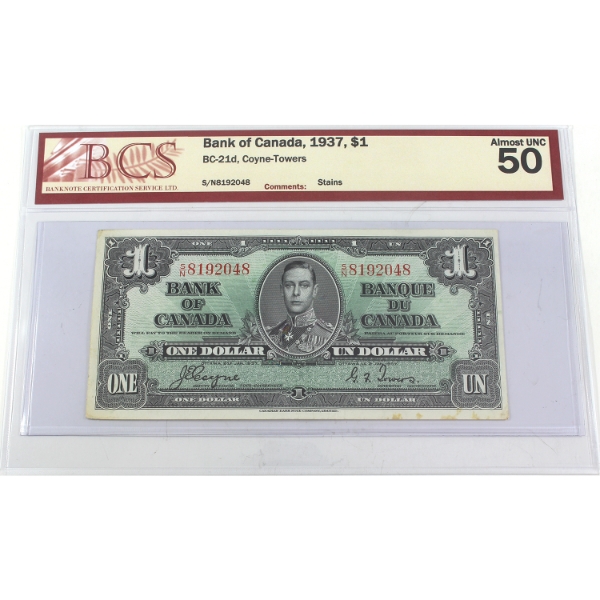 BC-21d 1937 $1 BCS AU50 Coyne-Towers SN: S/N8192048