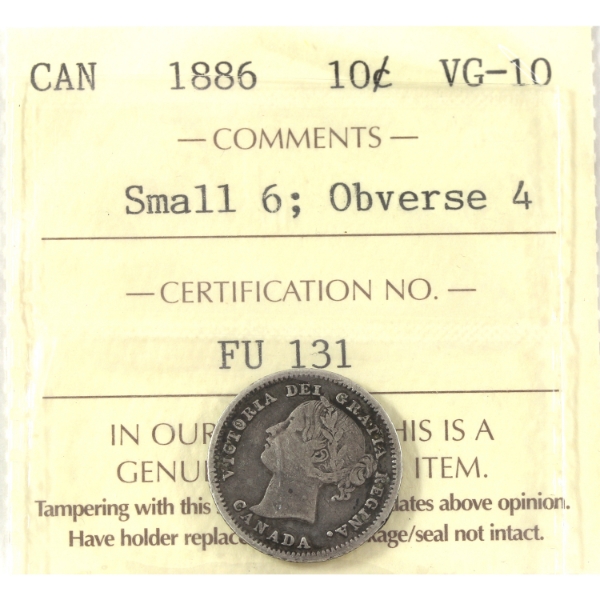 10-cent 1886 Small 6; Obverse 4 ICCS VG10