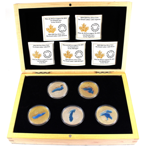 2014-2015 $20 The Great Lakes .9999 Fine Silver 5-Coin Set (Tax Exempt)