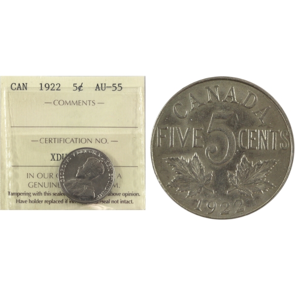 5-cent 1922 Near Rim ICCS AU55 & Far Rim AU-UNC. 2pcs