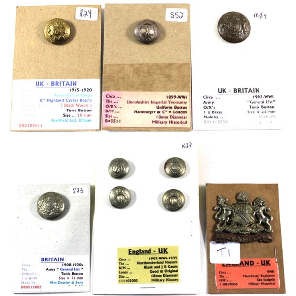 Lot of 9x Great Britain WWI Era Buttons and Badge. 9pcs.