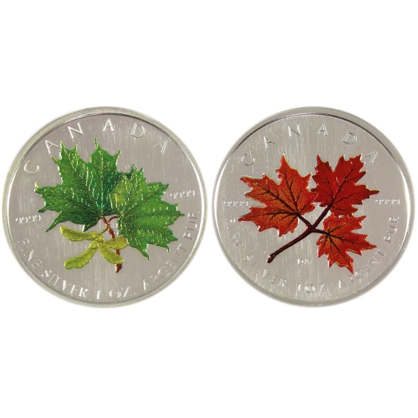 2x 1oz 2001 & 2002 $5 Coloured Silver Maple Leaf .9999 Fine Silver Coins. 2pcs. (Tax Exempt)