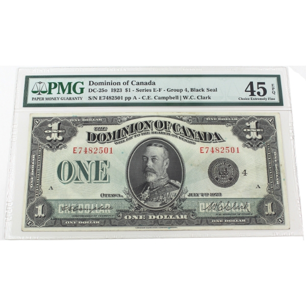 DC-25o 1923 $1 Black Seal Group 4 Series E-F PMG Choice EF45 EPQ Campbell-Clark Check Letter A