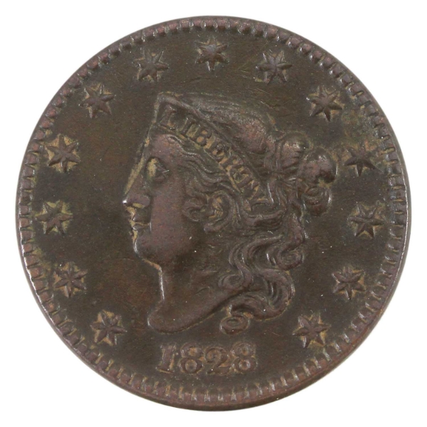 USA 1828 Coronet Head Cent Large Narrow Date VF-EF (Corrosion) 