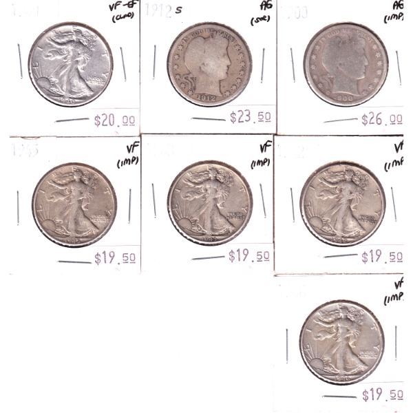 Bulk Lot of USA Silver 1900-1946 Half Dollars AG to VF-EF. 7pcs.