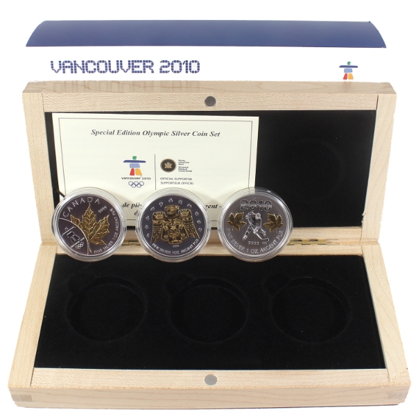 2010 $5 Vancouver Olympic Silver 3-coin .9999 Fine Silver Set w/ Selective Gold Plating (Tax Exempt)
