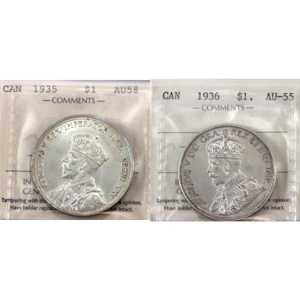 Silver $1 1935 AU58 & 1936 AU55 ICCS. 2pcs.