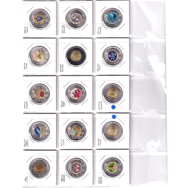 $2 1996-2024 Coloured Toonie Collection w/ Description Page. 15pcs.