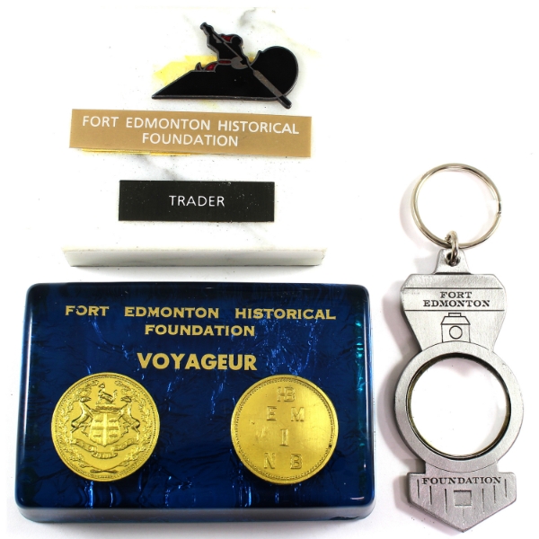 Canada-Fort Edmonton Historical Foundation Memorabilia & 2 Hudson's Bay Replica Tokens in Lucite.