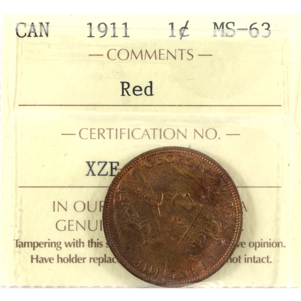 1-cent 1911 ICCS MS63 Red
