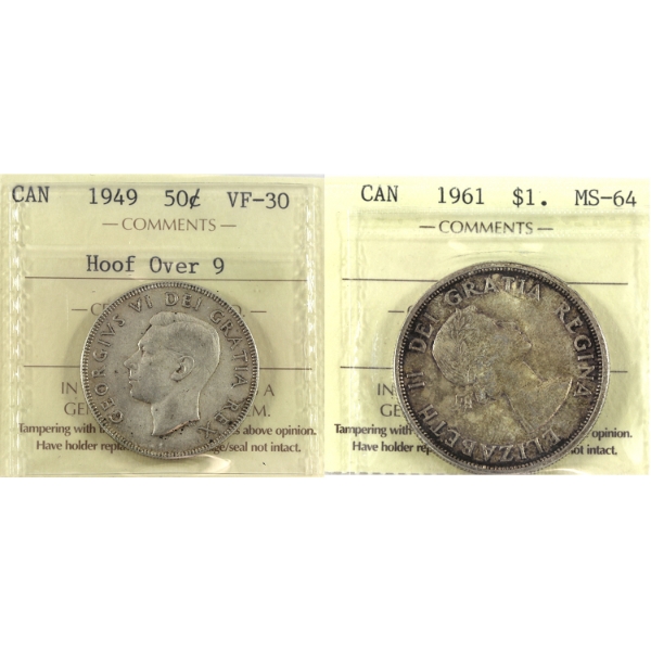 50-cent 1949 Hoof Over 9 VF30 & Silver $1 1961 MS64 ICCS. 2pcs