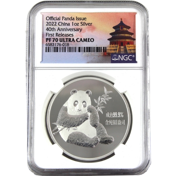 China Silver 2022 Panda 40th Anniversary First Releases 1oz .999 Fine Silver Coin NGC PF70 UC