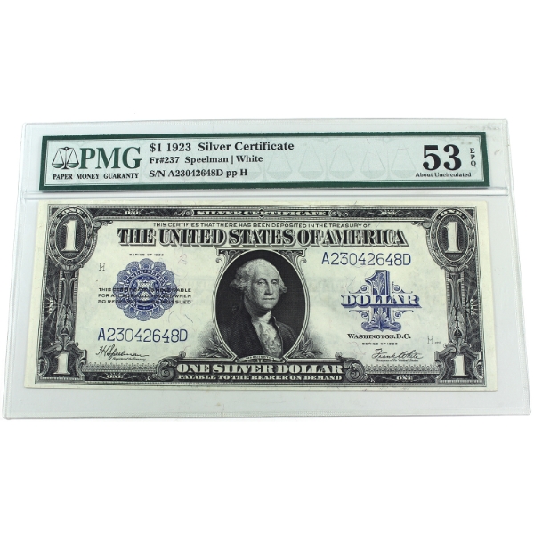 USA 1923 FR-237 $1 Silver Certificate PMG AU53 EPQ Speelman-White SN: A23042648D ppH