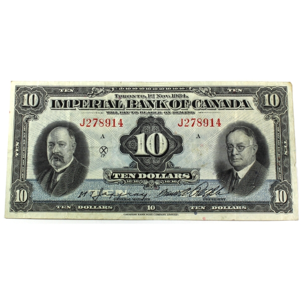 375-22-08 1934 $10 Imperial Bank of Canada VF Jaffray-Rolph SN:J278914 Check Letter A