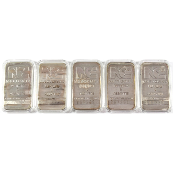 5x 1oz National Refiners Vintage .999+ Silver Bars *Consecutive!* 5pcs. (Tax Exempt)