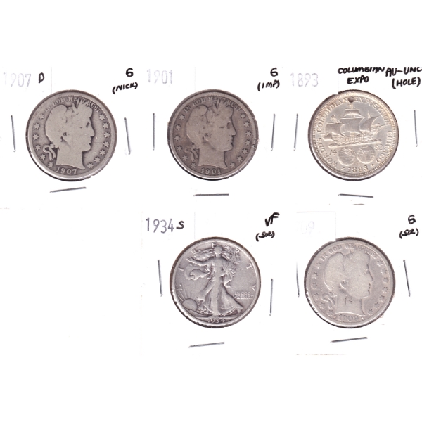 USA 1893-1934s Half Dollars G to AU-UNC. 5pcs.